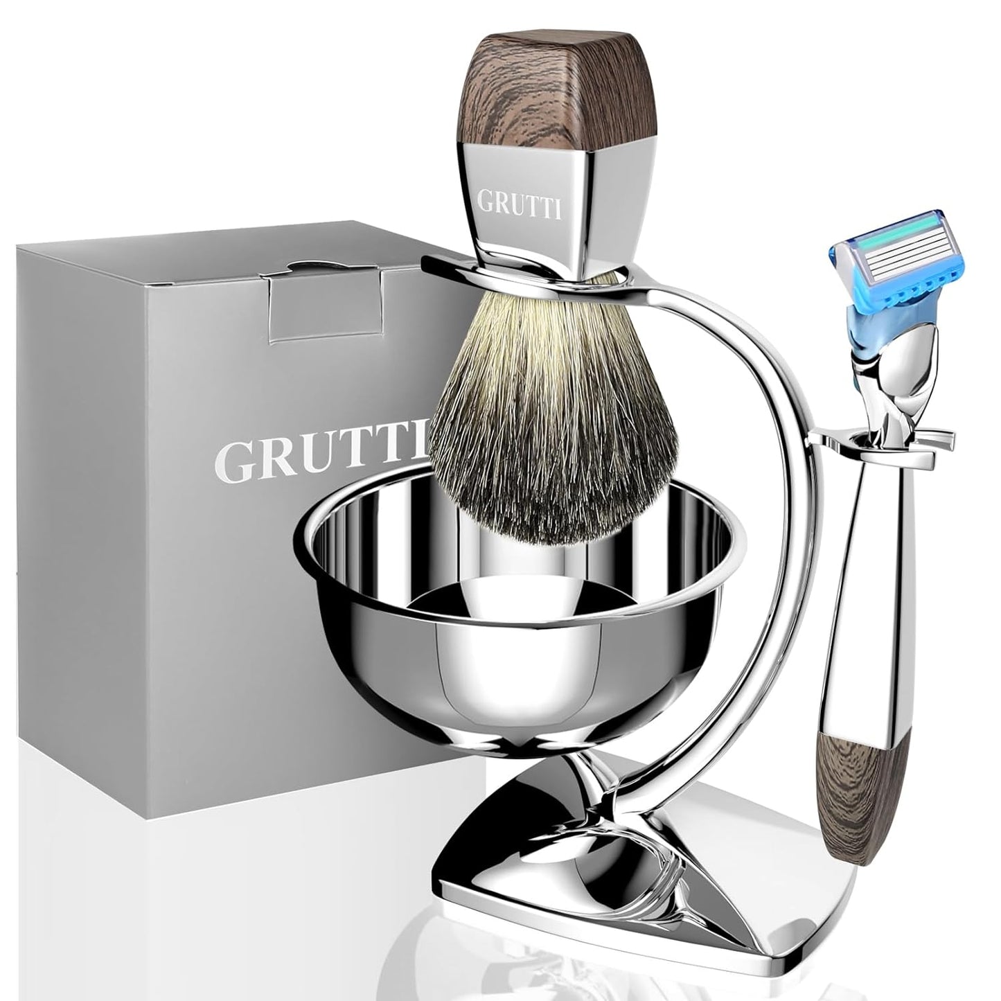 GRUTTI Luxury Safety Razor Shaving Kit for Men, with Shaving Bowl, Brush, Shave Razor Stand and Manual Safety Razor, Compatible with Mach 3 Unique Wet Shave Set Gifts for Men