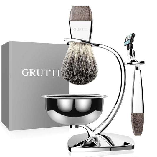 GRUTTI Luxury Safety Razor Shaving Kit for Men, with Shaving Bowl, Brush, Shave Razor Stand and Manual Safety Razor, Compatible with Mach 3 Unique Wet Shave Set Gifts for Men